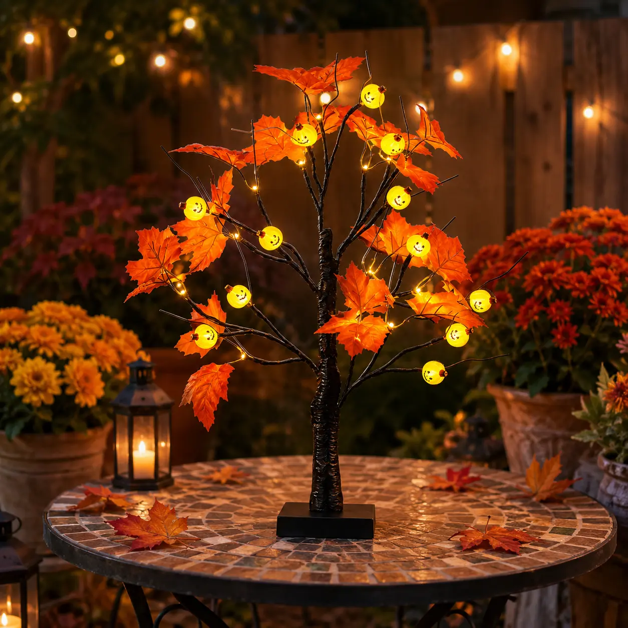 Halloween Lighted Maple Tree with Jack-o-Lantern Pumpkin Lights, Battery Operated Tabletop Fall Tree Decor for Indoor Home Patio Thanksgiving Party Atmosphere Decoration