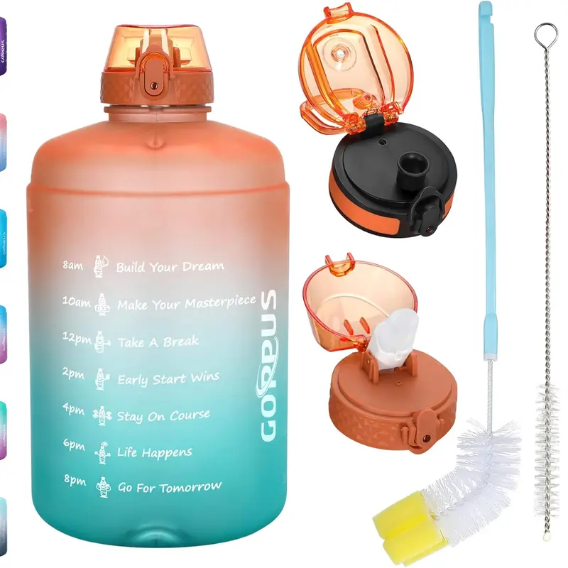 GOPPUS 128 oz Gallon Water Bottle With Time Marker Big Water Bottle Motivational 1 Gallon Water Bottle With Straw Large Water Bottle Water Jug With For Drinking, 2 Lids(Straw/Chug Lid),BPA Free,Weekly Pick Sale