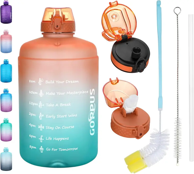 GOPPUS 128 oz Gallon Water Bottle With Time Marker Big Water Bottle Motivational 1 Gallon Water Bottle With Straw Large Water Bottle Water Jug With For Drinking, 2 Lids(Straw/Chug Lid),BPA Free,Weekly Pick Sale