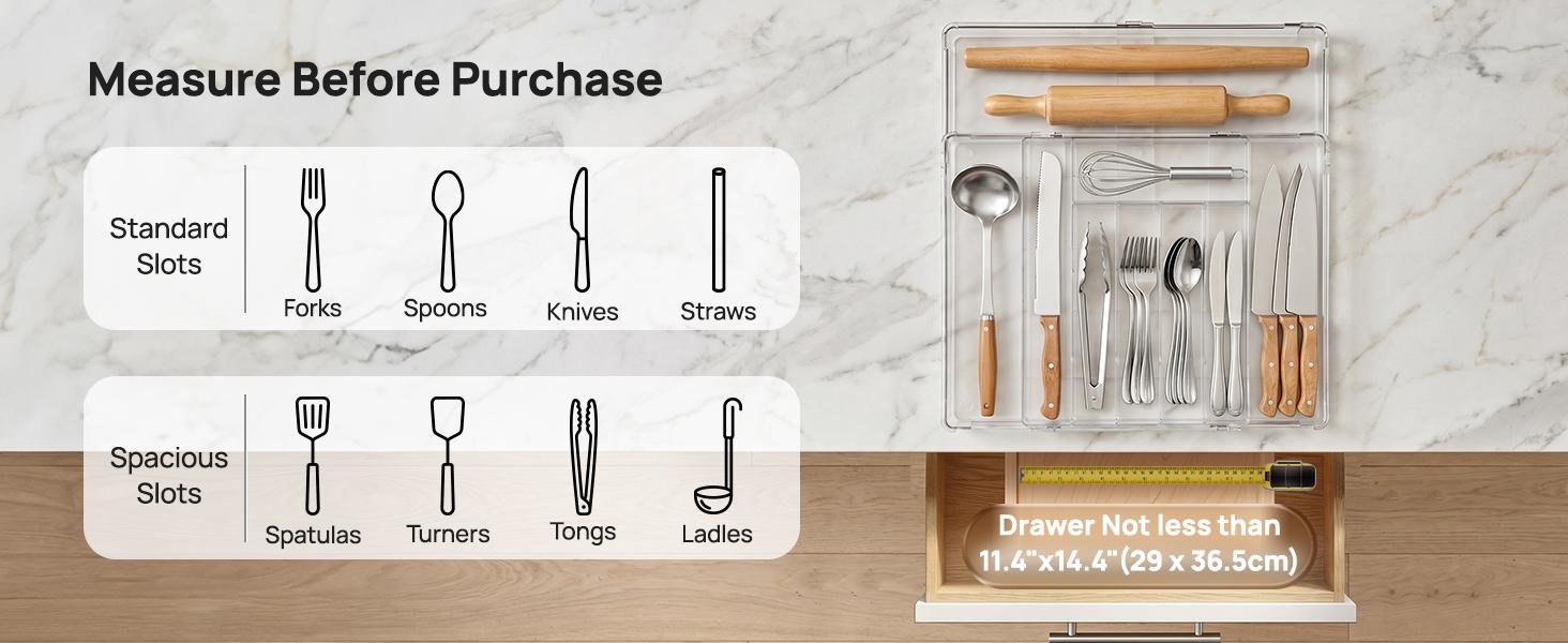 【Utensil Organizer】Vtopmart 1-2Pack Expandable Kitchen Utensil Drawer Organizer, Clear Plastic Food-Safe Cutlery Flatware Organizer, Adjustable Silverware Holder for Spoons Forks Knives, (6-9 Slots)