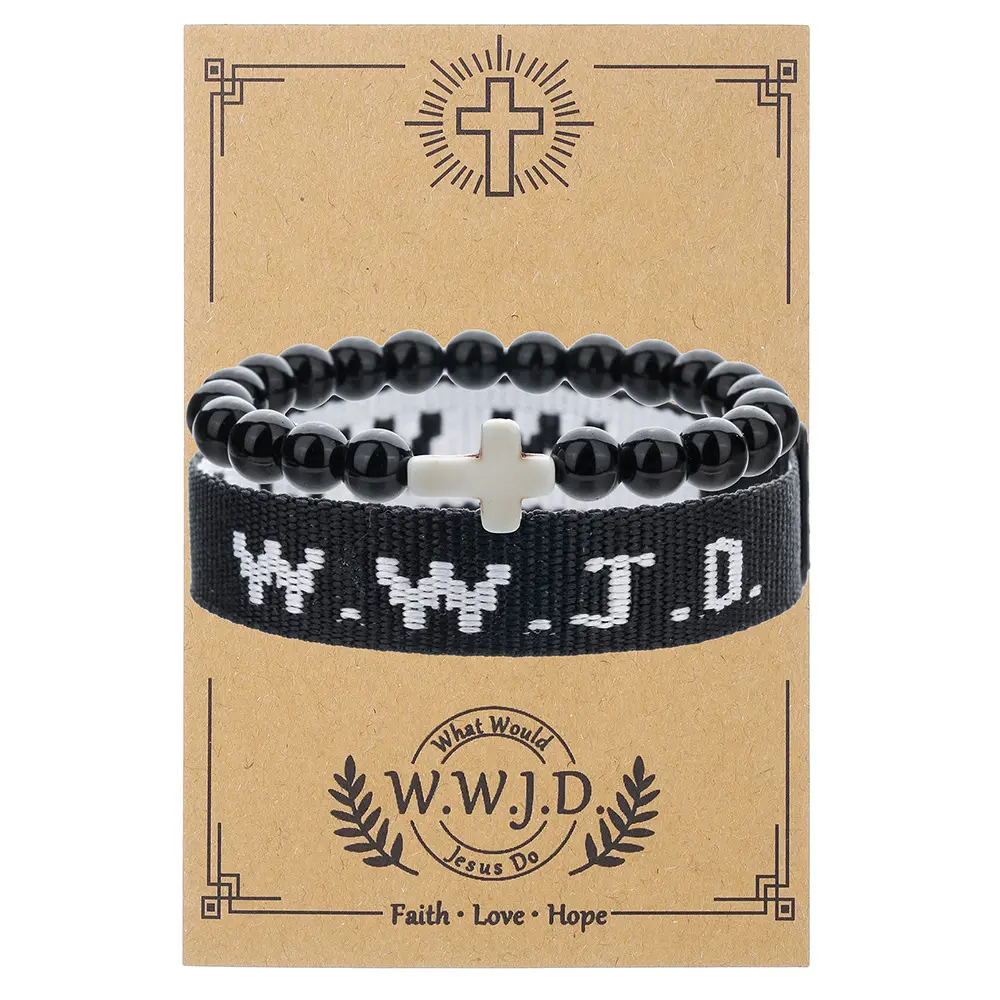 2Pcs/set WWJD Letter Pine Stone Cross Faith Beaded Bracelet Set Natural Stone Friendship Couple Bracelet Jewelry