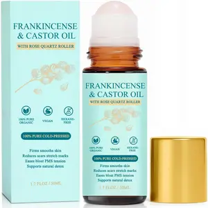 Frankincense & Castor Organic Cold-Pressed Roll-On with Removable Rose Quartz Roller - Firms Skin, Smoothes Skin, Brightens Eyes, Reduces Scars & Stretch Marks, 1.7 fl oz, 1 Pc, Mineral Oil Free