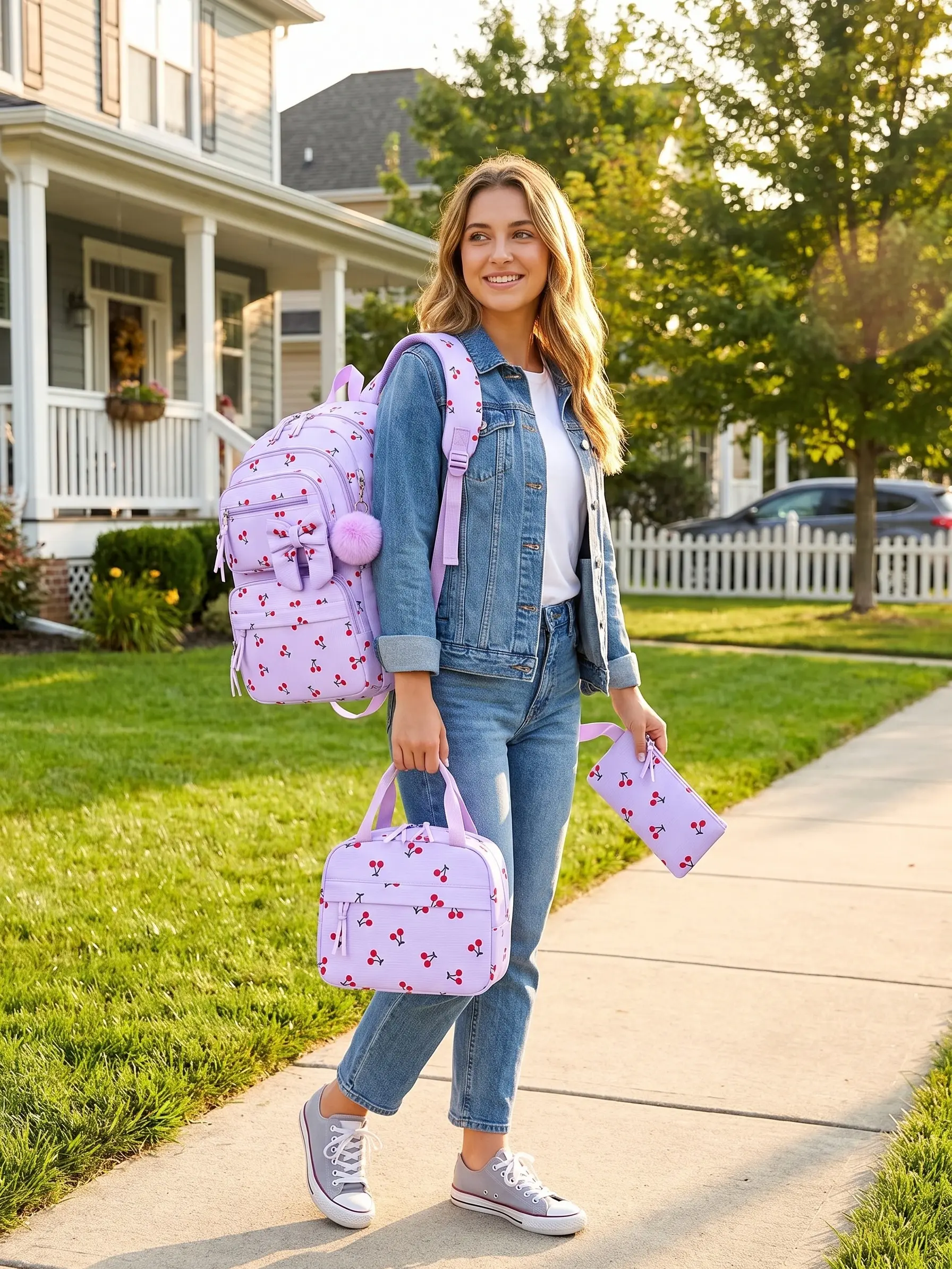 Women's Casual Classic 3pcs Cherry Print Backpack Combo - School Backpack Set with Meal Bag, Zipper Pouch, Bow Decor, Pom Pom Pendant, Multi-Zip Compartments, Padded Adjustable Straps, Large Capacity for Campus Life, Daily Commute
