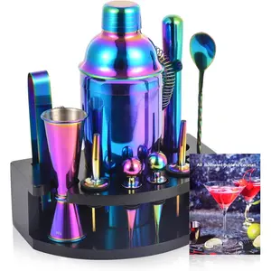 Bartender Kit with Stand, 12- Bar Set | 24oz  Shaker Set for Drink Mixing, Martini Shaker Set with Bar Tools, Recipes Booklet | Fun Housewarming  (Rainbow)