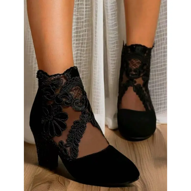 Women's Thick Sole Lace Boots, Comfortable High Heels, Back Zip Closure, Breathable Mesh Upper, Rubber Outsole, Dance Shoes, Thick Heeled Boots