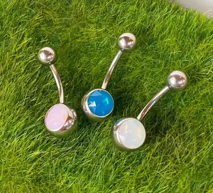 Opalite Stone Belly Ring Pierced Navel Naval Body Jewelry Clear, Pink, Blue 14g