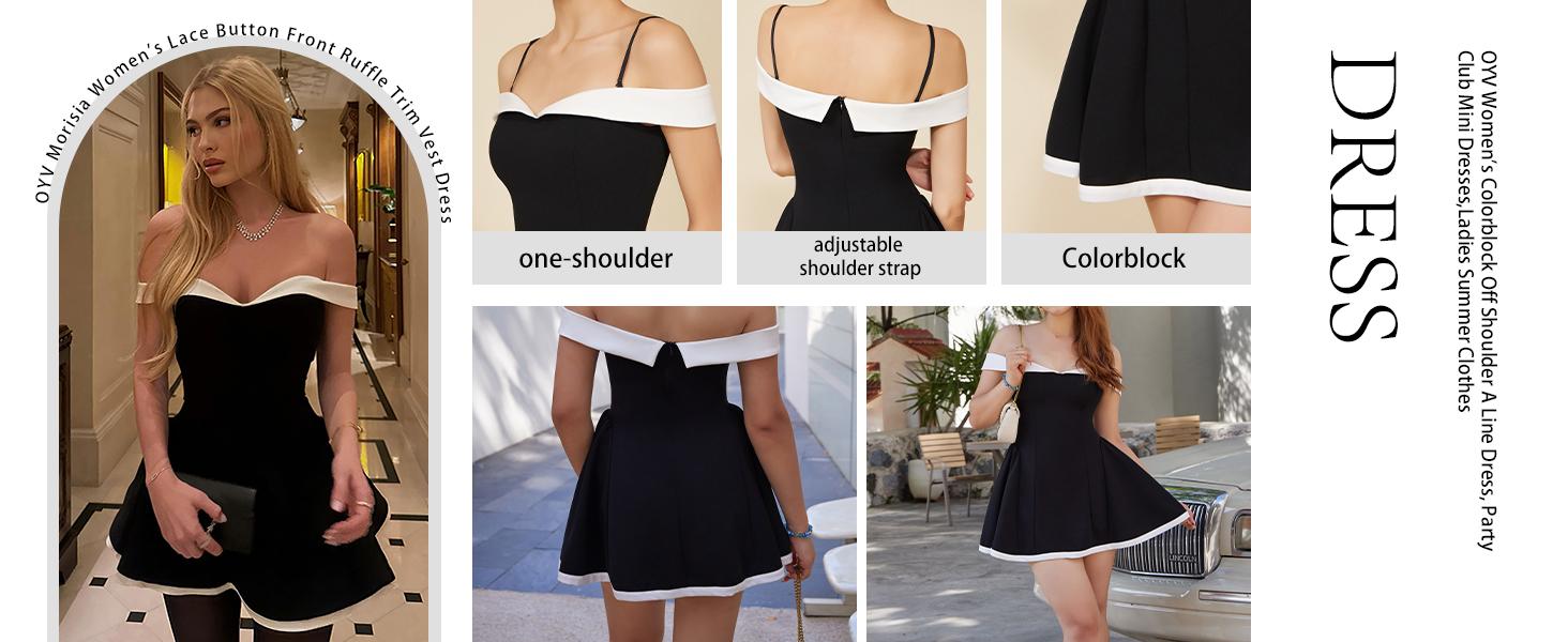 OYV Women's Colorblock Off Shoulder A Line Dress, Party Club Mini Dresses,Ladies Summer Clothes