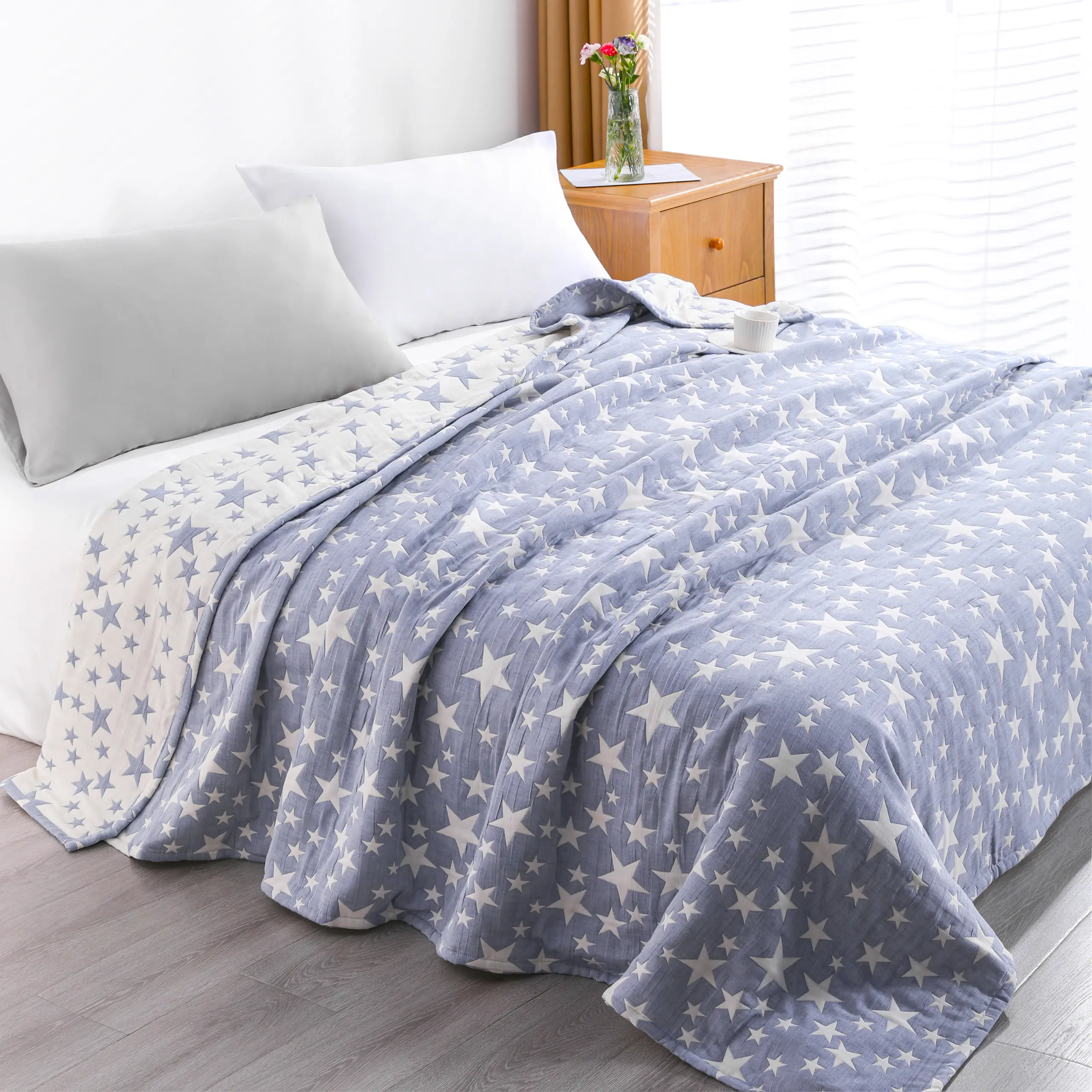 Bedsum Muslin 3 Layer Cotton Jacquard Bed Blankets for All Seasons, Ultra Soft Breathable Quilt