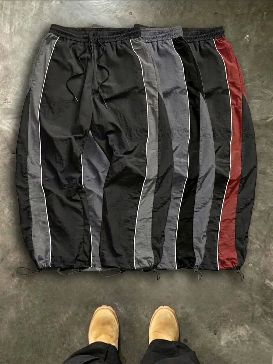 3-Pack Athletic Pants with Side Stripes and Colorblock Design – Lightweight, Quick-Dry, Drawstring Cuffs, Wide-Leg, Two-Way Wear, Paratrooper Style Functional Pants