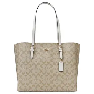 COACH Mollie Classic Monogram Coated Canvas and Leather Tote Bag for Women in White and Khaki