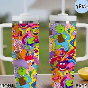 Muppet Colorful Character Pattern Vacuum Flasks 40oz Stainless Steel Dad Tumbler, Thermo Tumbler with Handle & Straw, Vacuum Insulated Travel Mug Keeps Drinks Cold Up to 12 Hours, Leak-Resistant Cup for Iced Coffee, Office, Gym & Travel, Drinkware