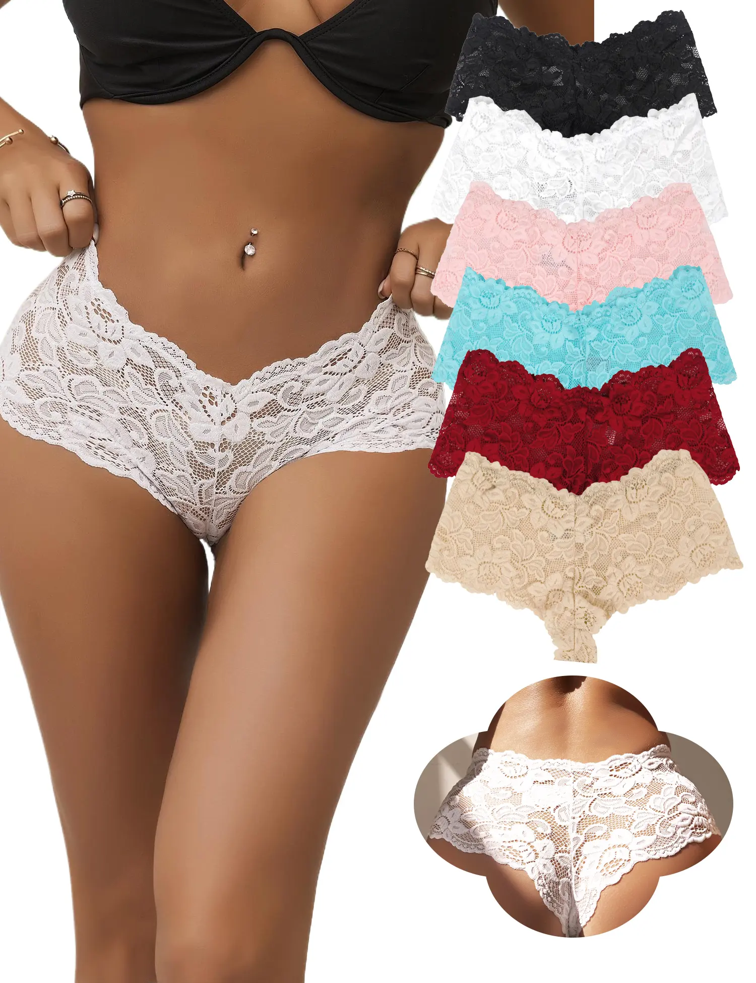 OHYEAH Women's Solid Gorgeous Lace Panty - Elastic, Nylon, Soft, Comfortable, Breathable Strings, Cheeky Lingerie Briefs - Fits S-5XL Plus Size, Everyday Lady Underwear for All Seasons