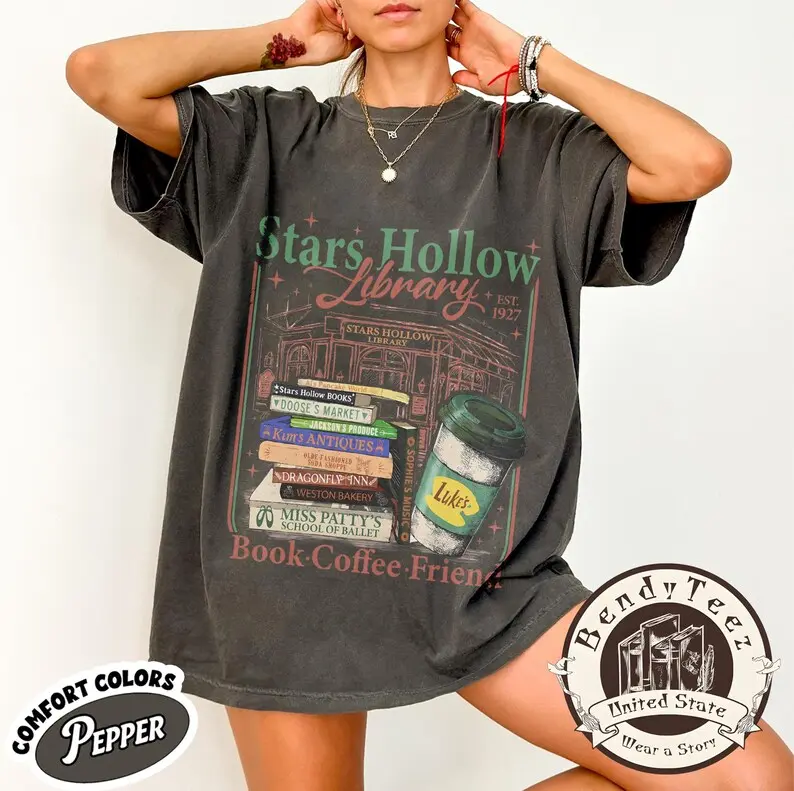 Comfort Colors Stars Hollow Library T-Shirt, Aesthetic Book Lover Graphic Tee, Small Town Library Coffee Shirt, Coffee and Books Gilmore Inspired Top
