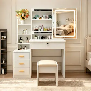 White Makeup Vanity Set with Lighted Mirror, Drawers, 3-Tier Shelves & Stool, Large Storage Dressing Table for Bedroom light