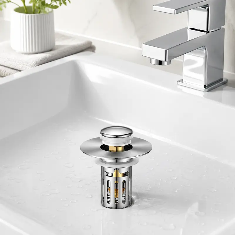 Modern Eco-Friendly 2-in-1 Adjustable Anti-Odor Drain Stopper for Bathroom Sink, Bathroom Accessory with Anti-Clog Stainless Steel Filter Basket, Removable Hair Trap, Aluminum Drain Cover & Easy Hair Lift Function