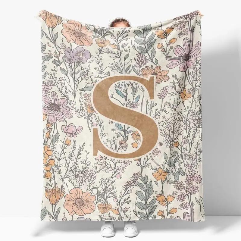 Boho Floral letter Throw Blankets Soft Funny Throw Blanket Cozy Lightweight Plush Portable Cover Blanket For Sofa,Warm Gift For Birthday,Christmas,Multiple Blankets