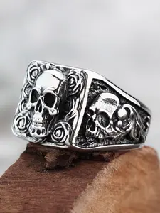 Vintage Skull & Rose Design Ring, Statement Multi Ring, Punk Style Stainless Steel Ring for Men, Fashion Jewelry Accessories for Daily Wear, Halloween, Vintage Rings, Dark Aesthetic Rings