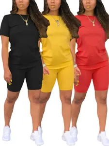 Women's Solid Two-piece Set, Women's Plain Shorts Set, Comfort Round Neck Tee & Skinny Shorts, Summer Clothes Women, Back To School Outfits, Workout Set, Casual Summer Clothes for Outdoorfor Daily Outdoor Wear, Women's Clothing for Spring & Fall