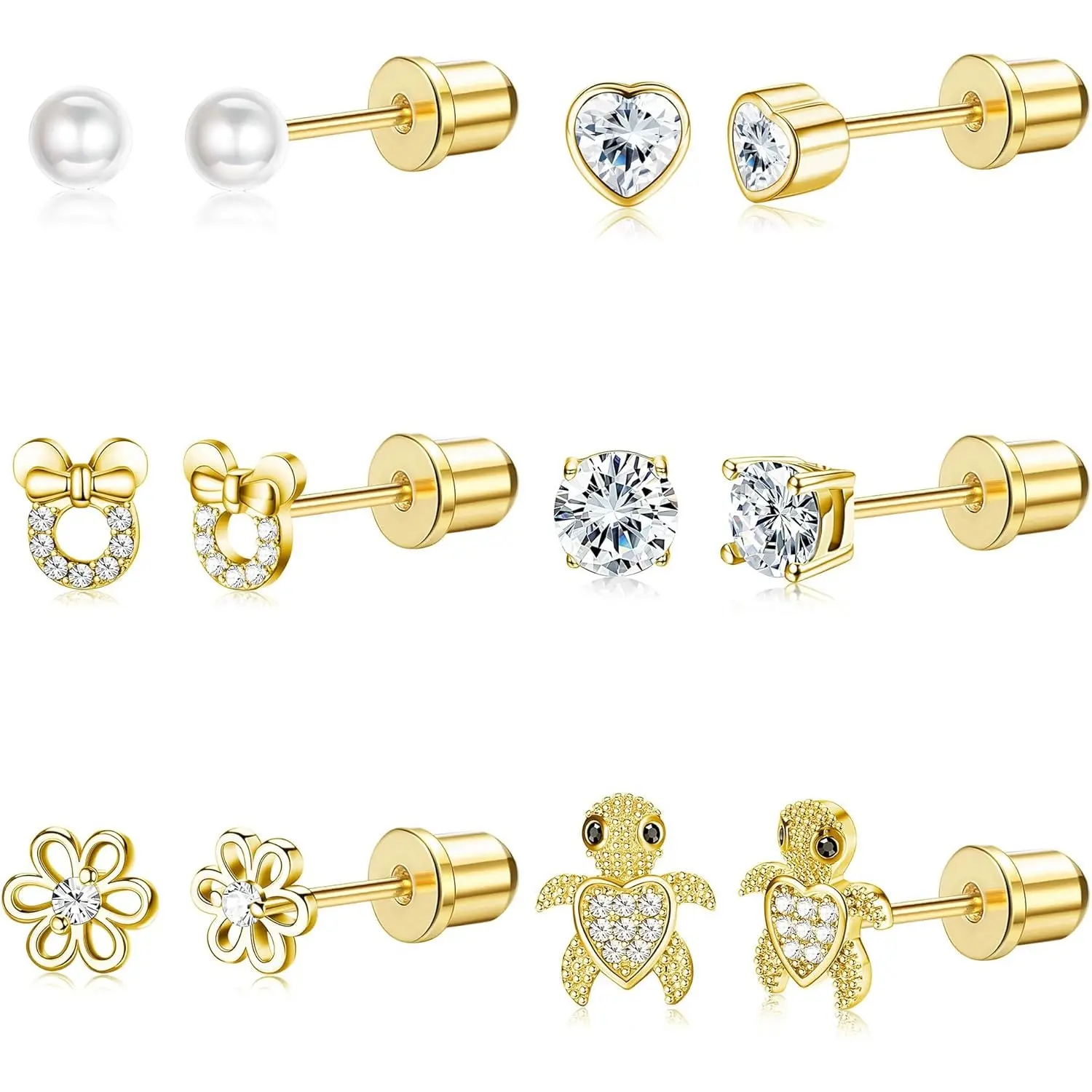 Women's 316L Stainless Steel 6-Pair Fine Stud Earring Stacking Set - Hypoallergenic 20G Screwbacks, High Quality Earrings with Heart, Flower, Pearl, Turtle Designs, Bling, Swimming-Friendly, Thanksgiving Gift