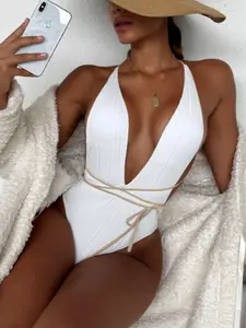 Women's Solid Criss Cross Tie Back One-piece Swimsuit, Solid Spaghetti Strap Padded Swimwear for Beach Holiday, Ladies Summer Bathing Suits 2024