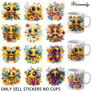 A Set of 12 Sheets with Bee Patterns, Including Sunflowers, Made with UV DTF Transfer Paper, Sticker. Perfect for Art Crafts, Projects, Scrapbooking, and Sealing. Easy to Use and Long Lasting, Suitable for Cups, Bottles, Laptops.
