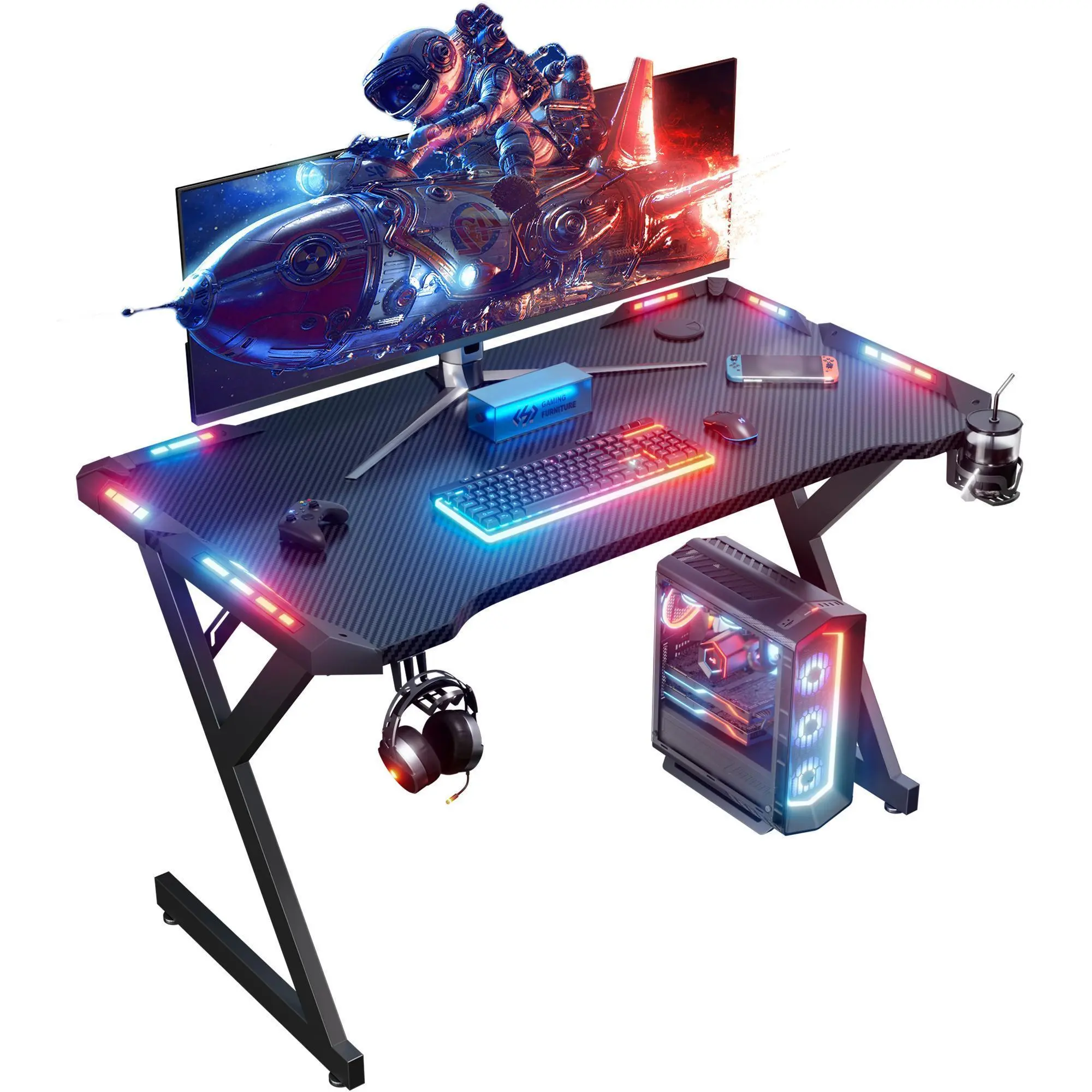 Ecofurnix Y-Shaped Sturdy Waterproof Modern Gaming Computer Desk Stand, 40 in Carbon Fiber RGB PC Table with Cup Holder, Headphone Hook, Dark Esports Style & Simple Assembly