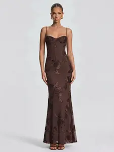 LikeMyChoice 2026  Women's Brown Floral Lace Mermaid Maxi Dress - Corset Bustier, Spaghetti Strap Formal Evening Gown for Womenswear, Birthday Occasions