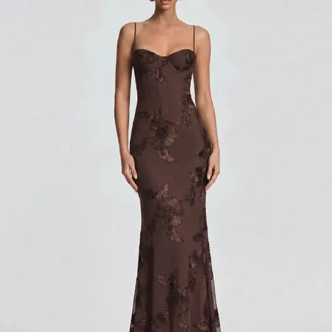 LikeMyChoice Women's Brown Floral Lace Sleeveless Sequin Mesh Corset Bustier Bodycon Mermaid Maxi Dress - Spaghetti Strap Formal Evening Gown for Prom, Birthday Occasions