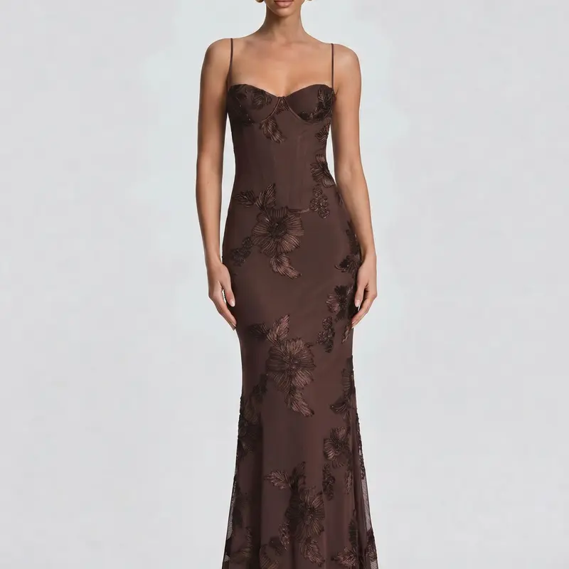 LikeMyChoice Women's Brown Floral Lace Sleeveless Sequin Mesh Corset Bustier Bodycon Mermaid Maxi Dress - Spaghetti Strap Formal Evening Gown for Prom, Birthday Occasions