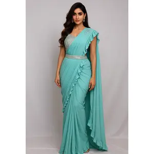 Light Turquoise Ready to Wear Saree with Beautifully Handcrafted Blouse and Belt