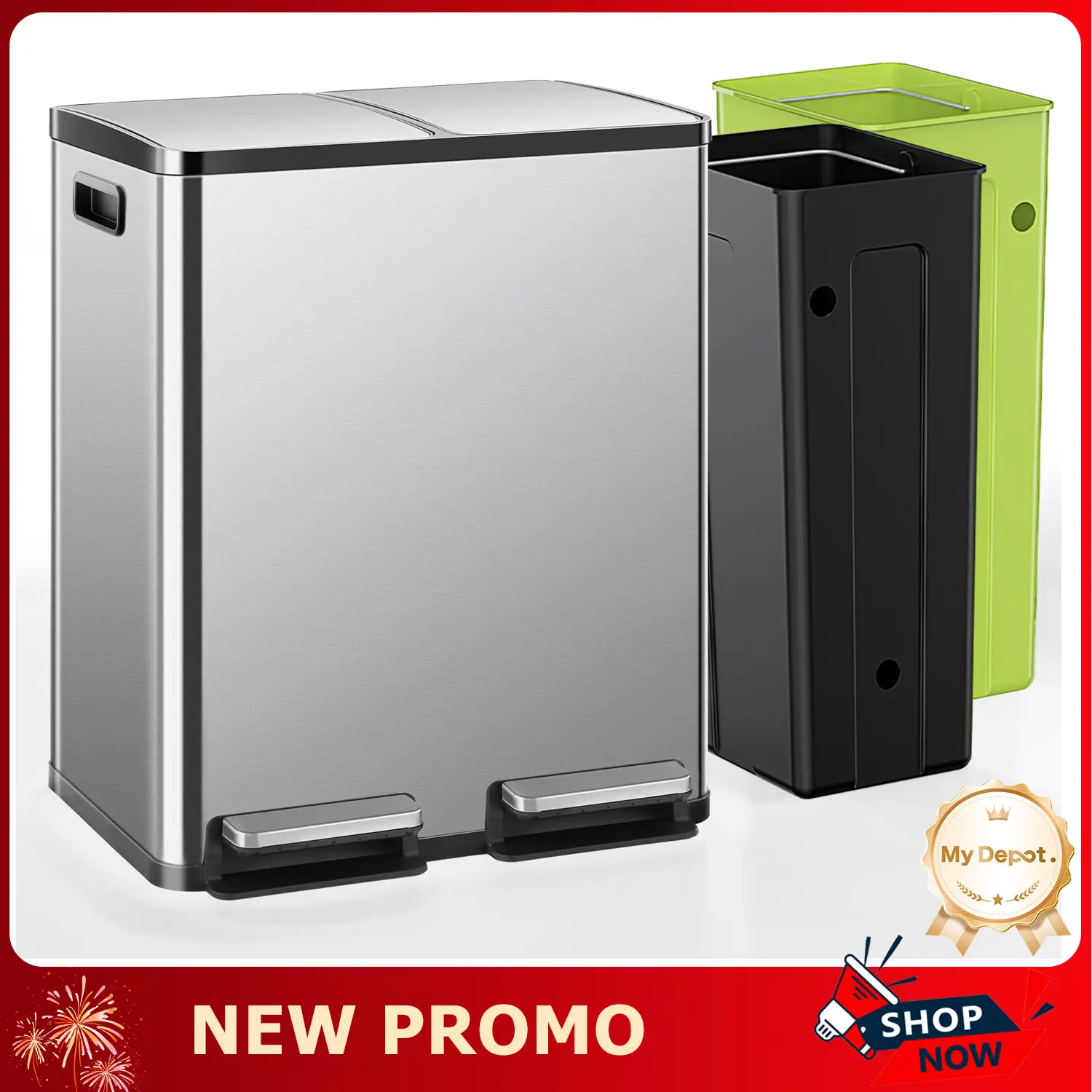 16-Gallon Kitchen Trash Can Dual Compartment Stainless Steel with Lid and Step Pedals, Fingerprint Proof Garbage Bin for Home & Office