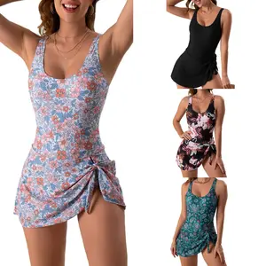 Cashew Flower Print 1-Piece Drawstring Swimdress - 2-Way Wear, Elastic Fit, Botanical, Bright Floral, Colored Design Swimdress for Sports & Outdoor Use, Botanical Swimdresses, Bright Floral Swimdresses
