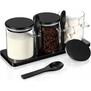 3 count Coffee Bar Accessories Set Glass Condiment Jars with Wooden  Spoons, Black  Jar Set with Tray, Sugar  Containers for Coffee Station Organizer Kitchen Decoration