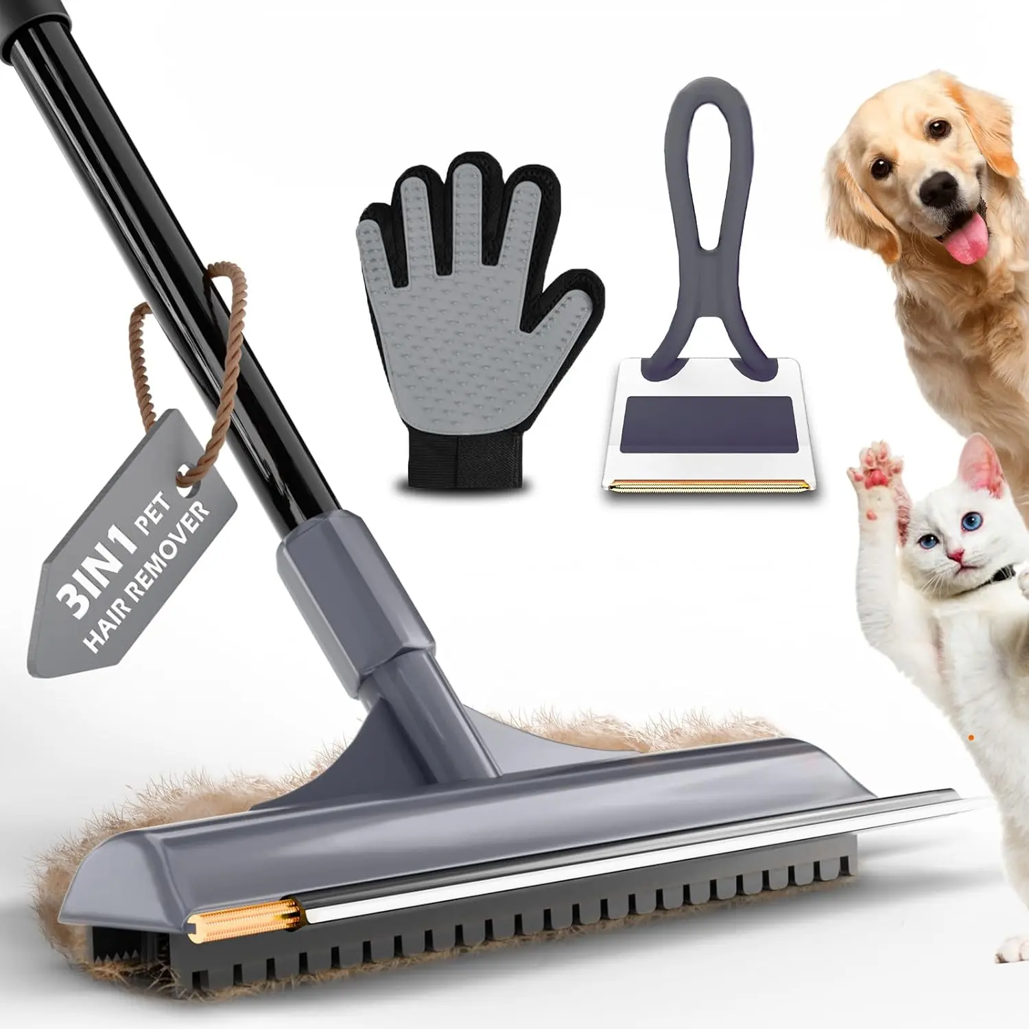 Pet Hair Cleaning Carpet Rake - Reusable Dog and Cat Hair Remover, with 58inch Reinforced Steel Handle, 3-in-1 Professional Modular Carpet Rake and Scraper Tool, Suitable for Long-Pile Carpets, Sofas, Stairs (Gray)