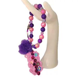 Phone Charm with Purple and Pink Beads, Soft Faux Fur Pom, Silver Accents, Mother's Day Gift, Use many ways! keychain, phone charm, pop socket removable,  free phone attachment to use alone as a charm. Grip Smartphone Cellphone