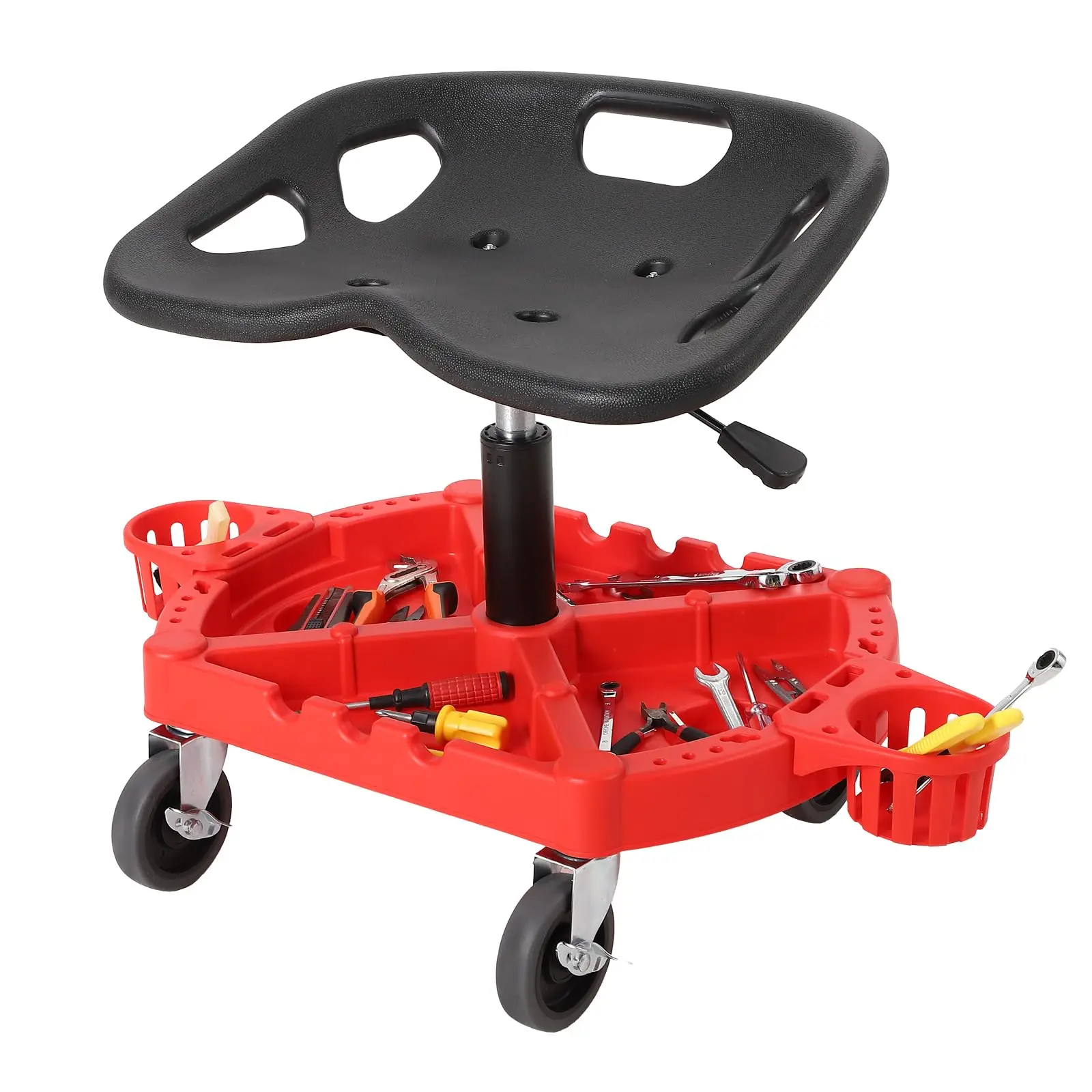 GARVEE Heavy Duty Anti-Corrosion Alloy Steel Rolling Mechanic Stool for Detailers, Garage, Indoor Use, 300 LBS Capacity, 18 to 23 in & 19 to 25 in Height Adjustable, Ergonomic Seat Shop Stool with Tool Tray & 4 in 360° Lockable Casters, Red