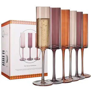 Khen Venus Glasses Luxury Glassware - Set of 6 - Everyday, Winter Gift Her, Mom, Wife, Girlfriend, Special Celebrations Drinkware, Textured Glass, Brown Style Amber Colored -Champagne Flute 6oz