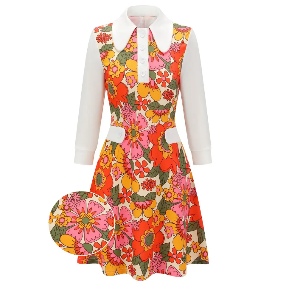 RETRO STAGE Women's 1960s Orange Printed A-Line Dress - Casual Wear, Peter Pan Collar, 3/4 Sleeves, Floral Patchwork Pockets, Front Buttons, Lightweight for Commuting, Casual Outings - TikTok Shop RETRO STAGE Women's 1960s Orange Printed A-Line Dress - Casual Wear, Peter Pan Collar, 3/4 Sleeves, Floral Patchwork Pockets, Front Buttons, Lightweight for Commuting, Casual Outings - TikTok Shop