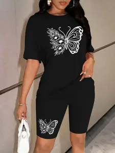 Personalized print pattern Women's Summer Casual Sporty Round Neck 2-Piece Leisure Sports Set, activewear clothing, Athleisure Wear, Print Comfortable for Daily Wear, Trendy Ladies Fashion Must-Have, Workout Sportswear