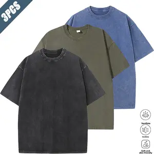Pack of 3 American vintage solid-color washed distressed short-sleeve T-shirts — trendy streetwear casual style with a premium washed finish; breathable, skin-friendly fabric that feels cool and comfortable; classic crew neck design pairs well with anythi