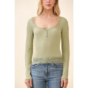Button Front Henley With Lace At Neck & Bottom Hem
