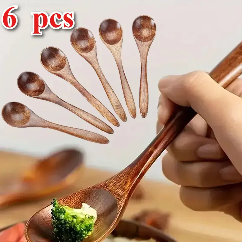 6-Pcs Wooden Cutlery Dessert Spoons Set, 5.3in x 1.2in Sturdy Durable, Ideal for Scooping Coffee & Sugar, Kitchen Essential, Textiles & Soft Furnishings Fabric Sewing Supplies Accessory