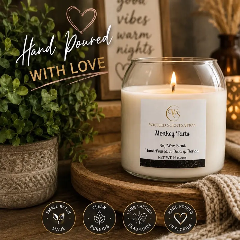 Monkey Farts 16 Ounces Hand Poured Soy-Wax Blend Candle in Glass Jar with cork ball lid  Decoration Decorative for Home Decor - Ornaments Scented Gift