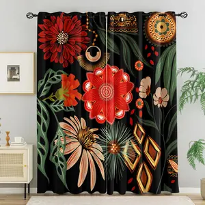 2 Panels Floral Print Blackout Curtains, Botanical Plant Natural Artwork Darkening Grommet Curtain Long Window Drapes Treatment for Living Room Bedroom Balcony Vintage Boho Decor
