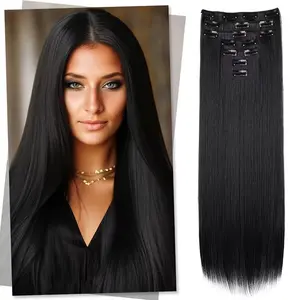 24-Inch Long Straight Clip-In Hair Extensions 7pcs Thick Invisible Synthetic Heat Resistant for Women Weddings Parties Everyday Use