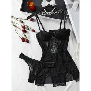 French Style Seductive Lace Sheer Spaghetti Strap Nightgown, Backless Waist Cinching Babydoll Lingerie, Mesh See-Through Temptation Sleepwear, Multiple Colors Available