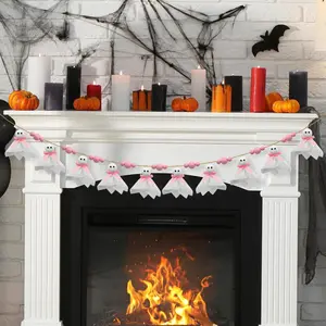 Pink Halloween Garland Ghost Decor, Pastel Girly Halloween Party Garland for Mantle, 6.6Ft Cute Spooky Pink Wooden Beads Decorations for Home Indoor, Handmade Banner
