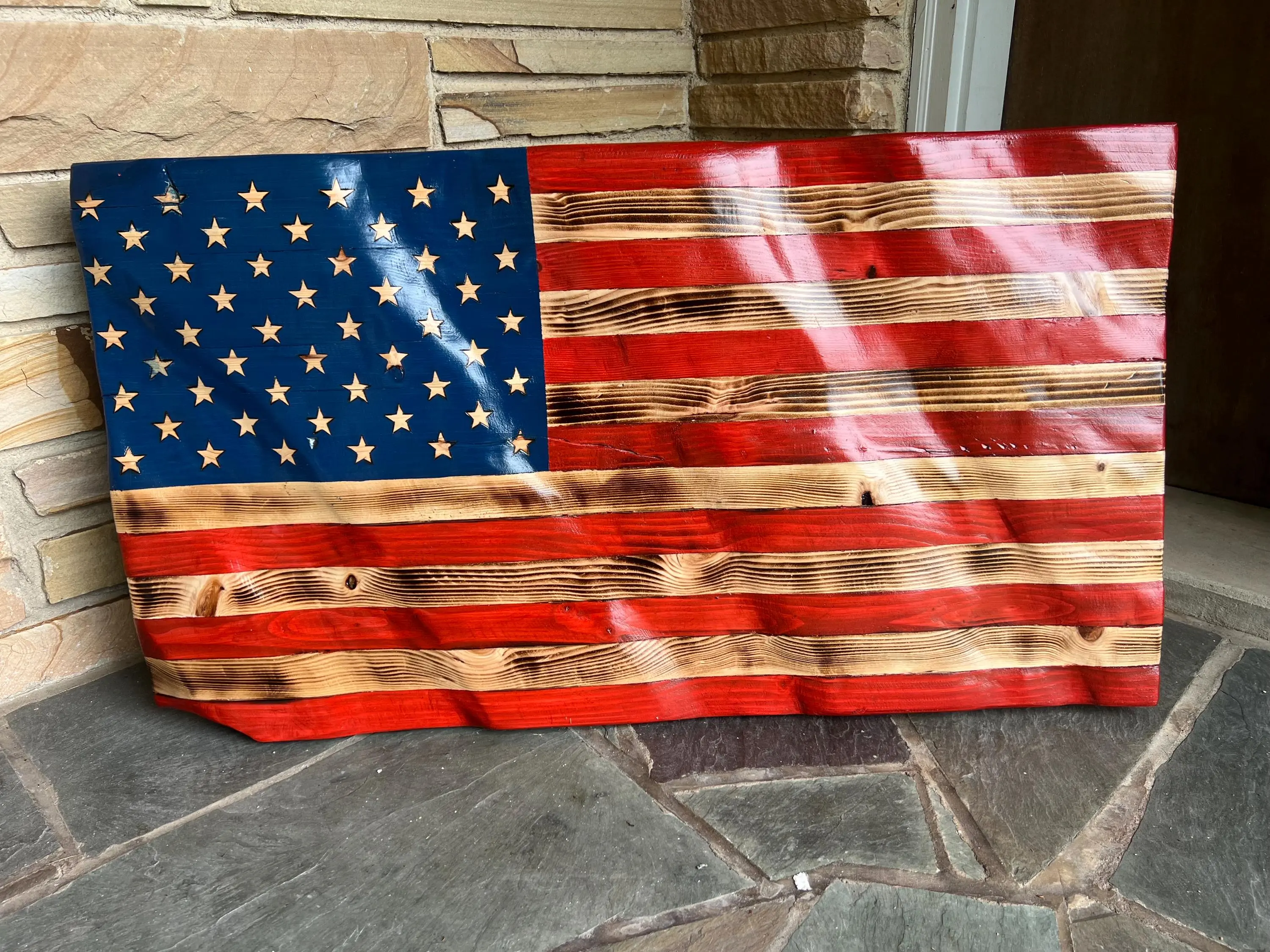 Handcrafted Wavy Wooden American Flag Plaque - 3D Carved, 42''x22.5” Home Decor Sign