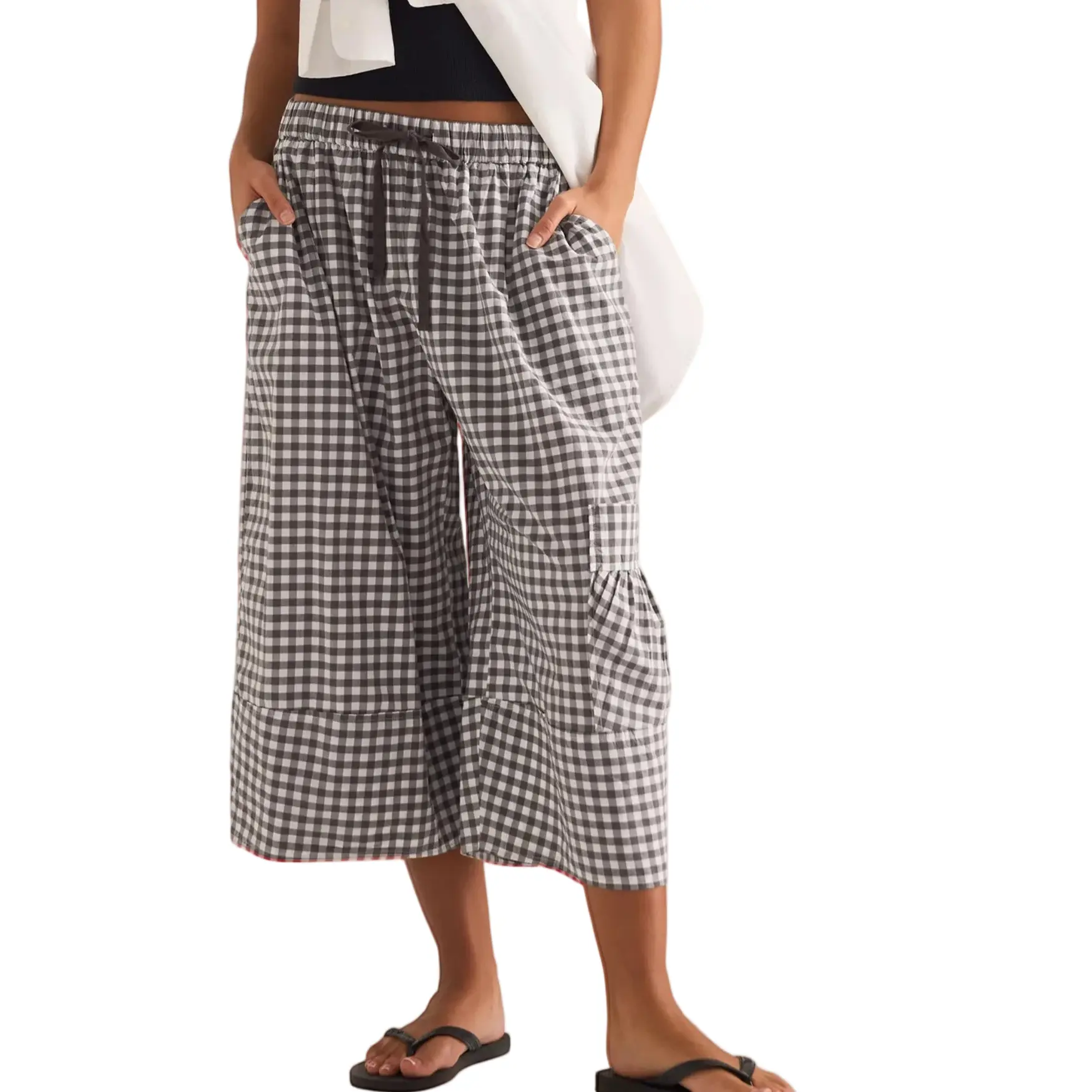 Songling Women's Casual Gingham Plaid Pajama Pants, High-Waisted Wide-Leg Lounge Style, Lightweight Cotton Blend with Pockets, Checkered Pants, Plaid Pants