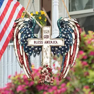 Creative Angel Wings Cross Wooden Hanging Decor, American Flag Pattern with Blooming Flowers, Durable Wall Decoration for Living Room, Unique Moving Gift